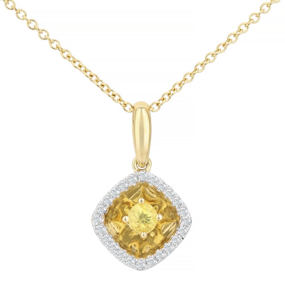 SPARKLD 18ct Yellow Gold 0.13ct Square Yellow Sapphire and Diamonds Pendant with Chain Necklace of 40 cm