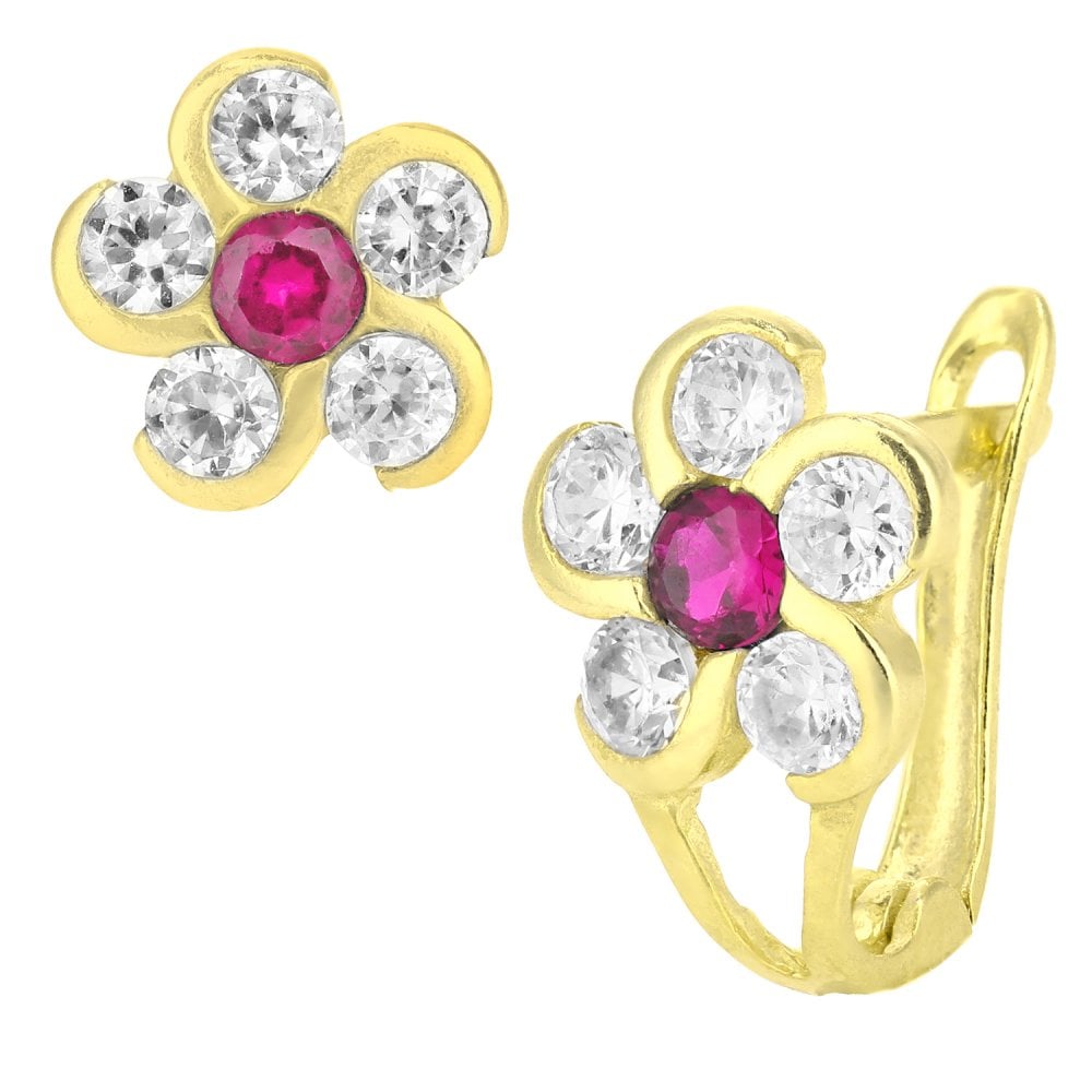 SPARKLD 9ct Yellow Gold Red Cubic Zirconia Flower Earrings