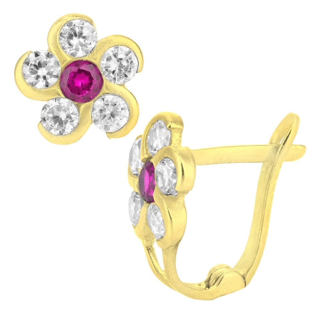 SPARKLD 9ct Yellow Gold Red Cubic Zirconia Flower Earrings