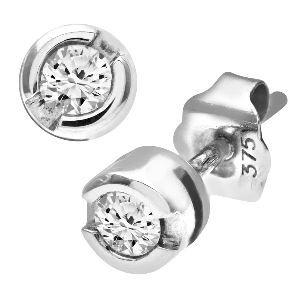 SPARKLD 9ct White Gold Rub Set 0.15ct Diamond Earrings