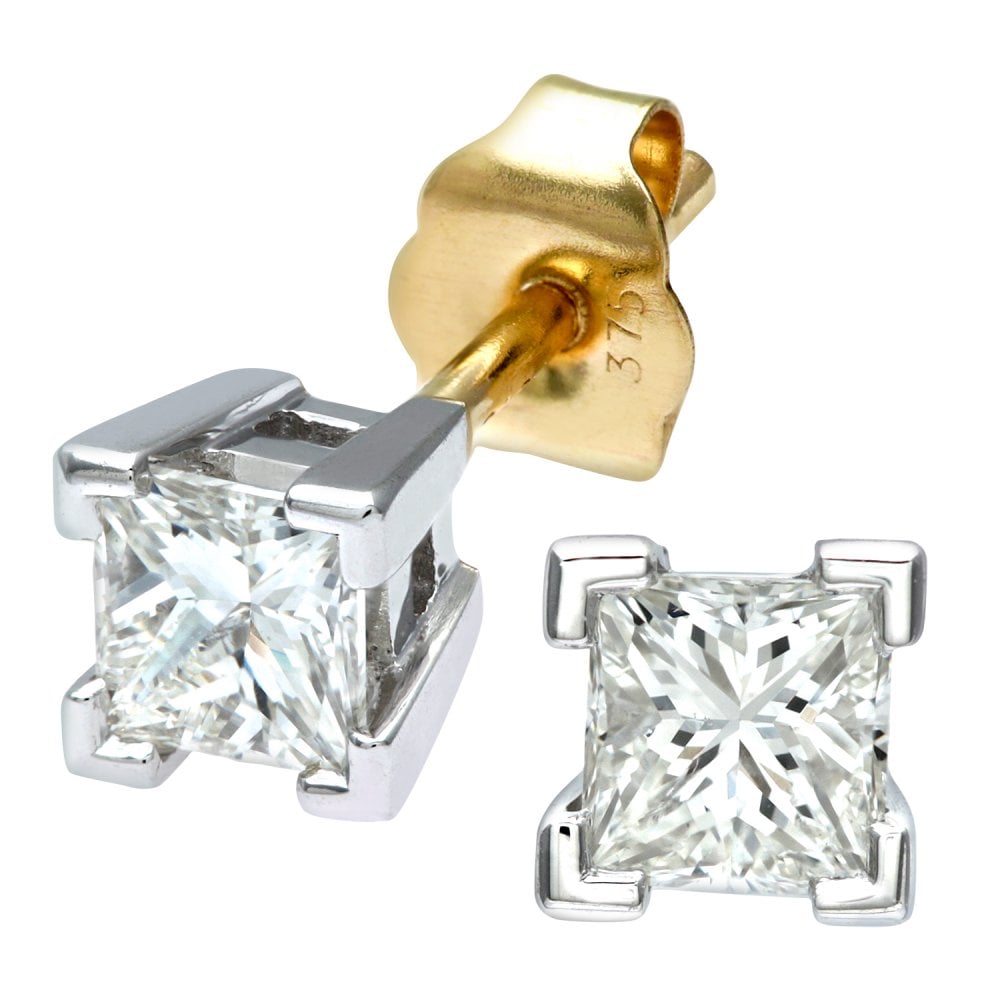SPARKLD 9ct Gold Princess Cut 0.50ct Diamond Solitare Earrings