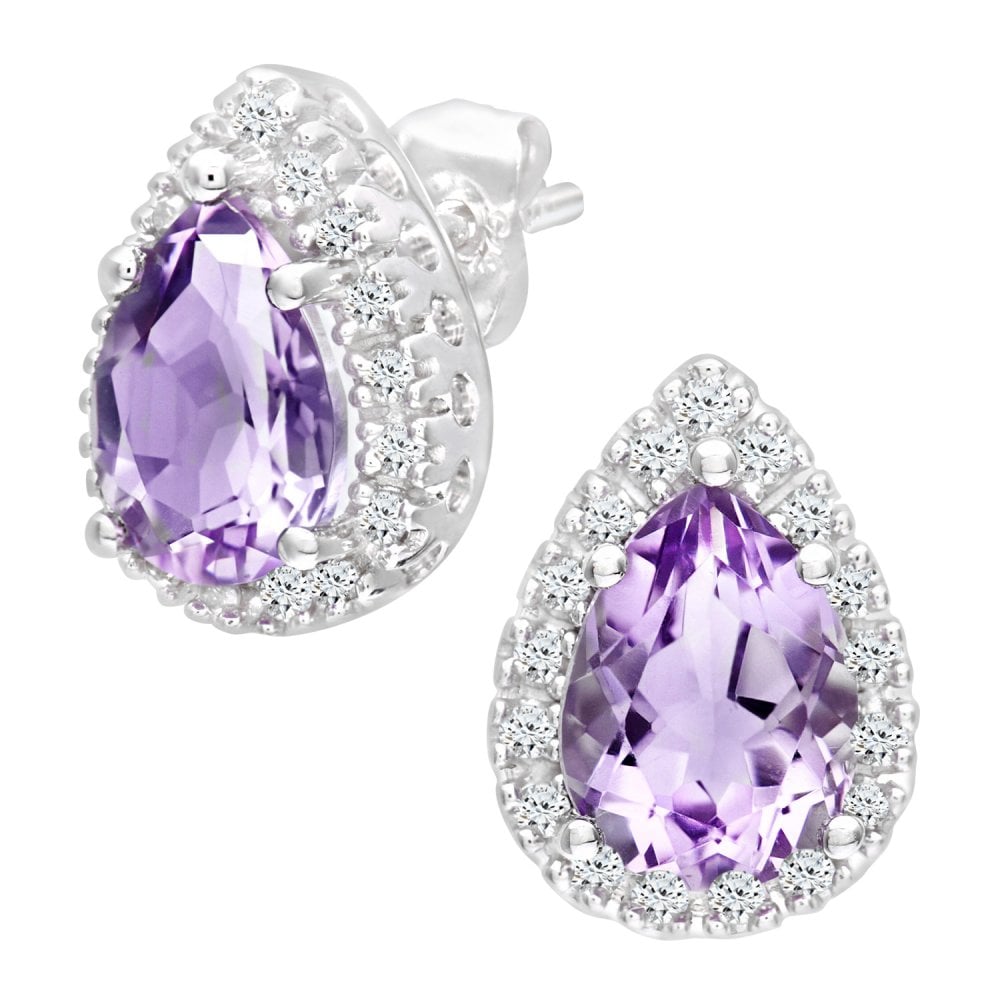 SPARKLD 9ct White Gold Teardrop Earrings, Amethyst and 0.13ct Diamond Stones