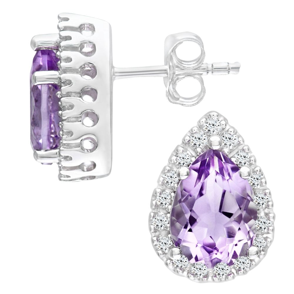 SPARKLD 9ct White Gold Teardrop Earrings, Amethyst and 0.13ct Diamond Stones