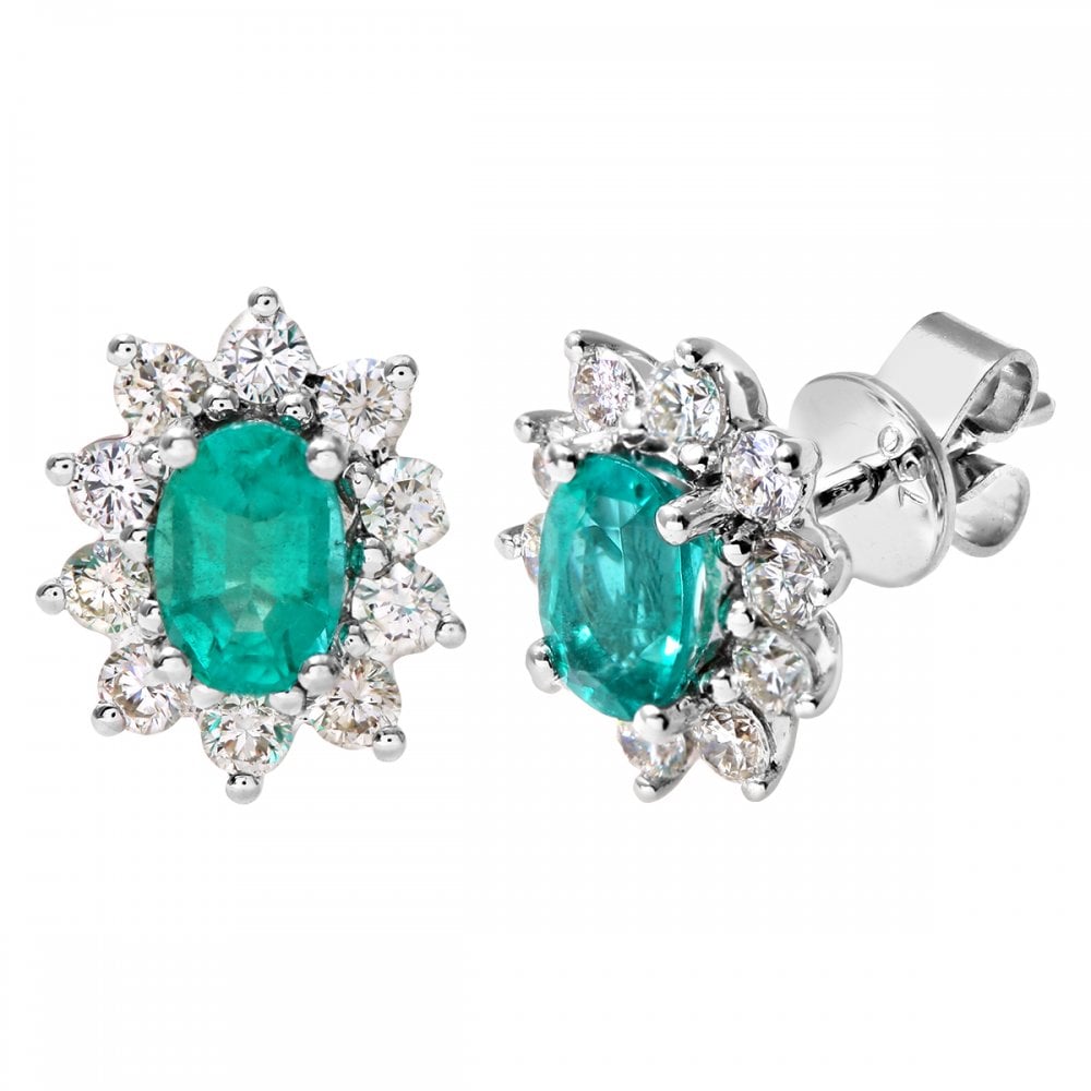 SPARKLD 18ct White Gold 0.50ct Round Brilliant Cut Diamond Oval Emerald Earrings