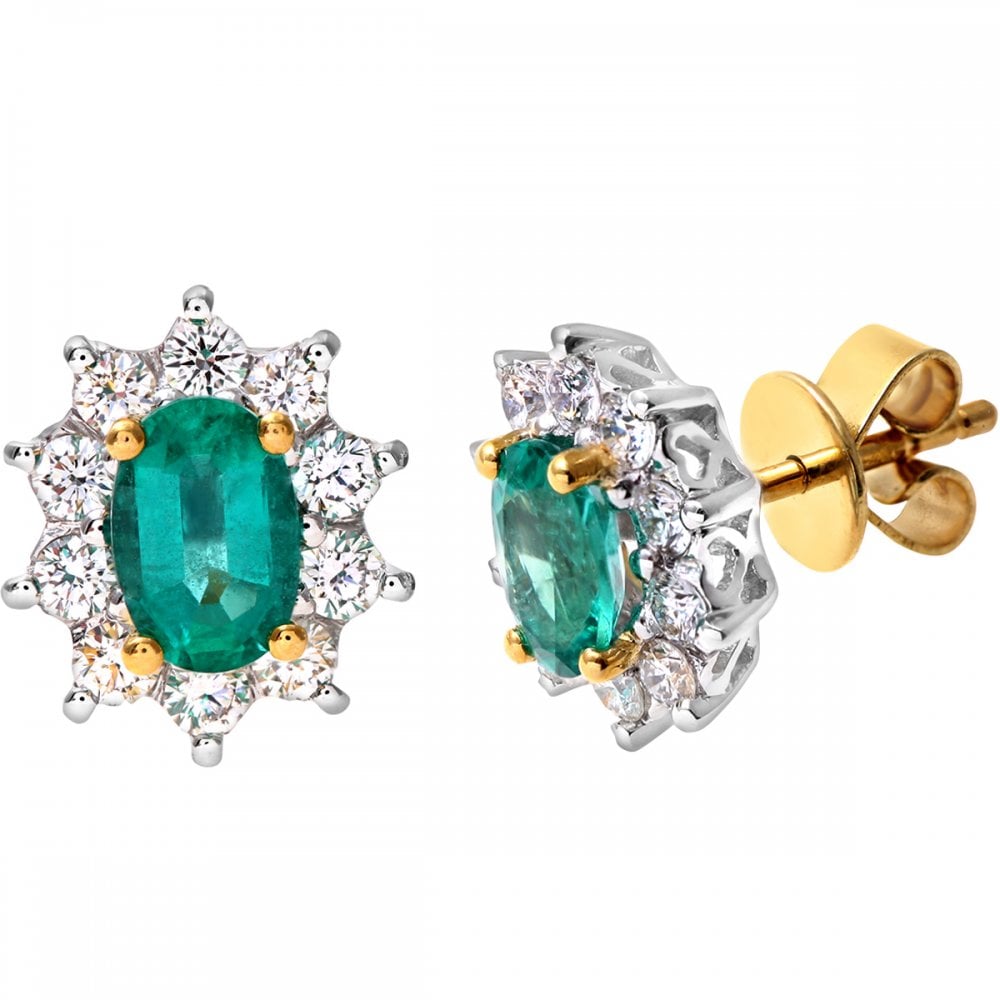 SPARKLD 18ct Yellow Gold Cluster Earrings,  0.50ct Diamond and Emerald, Round Brilliant