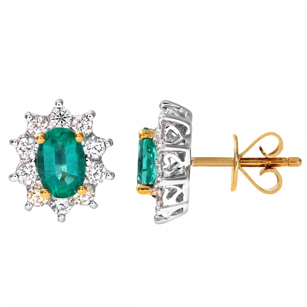 SPARKLD 18ct Yellow Gold Cluster Earrings,  0.50ct Diamond and Emerald, Round Brilliant