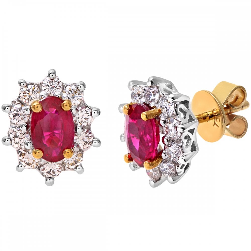 SPARKLD 18ct Yellow Gold Cluster Earrings, 0.50ct Diamond and Ruby, Round Brilliant