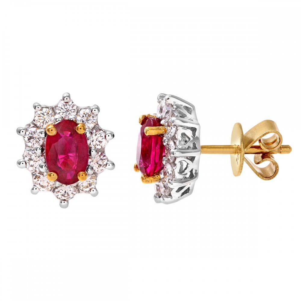 SPARKLD 18ct Yellow Gold Cluster Earrings, 0.50ct Diamond and Ruby, Round Brilliant
