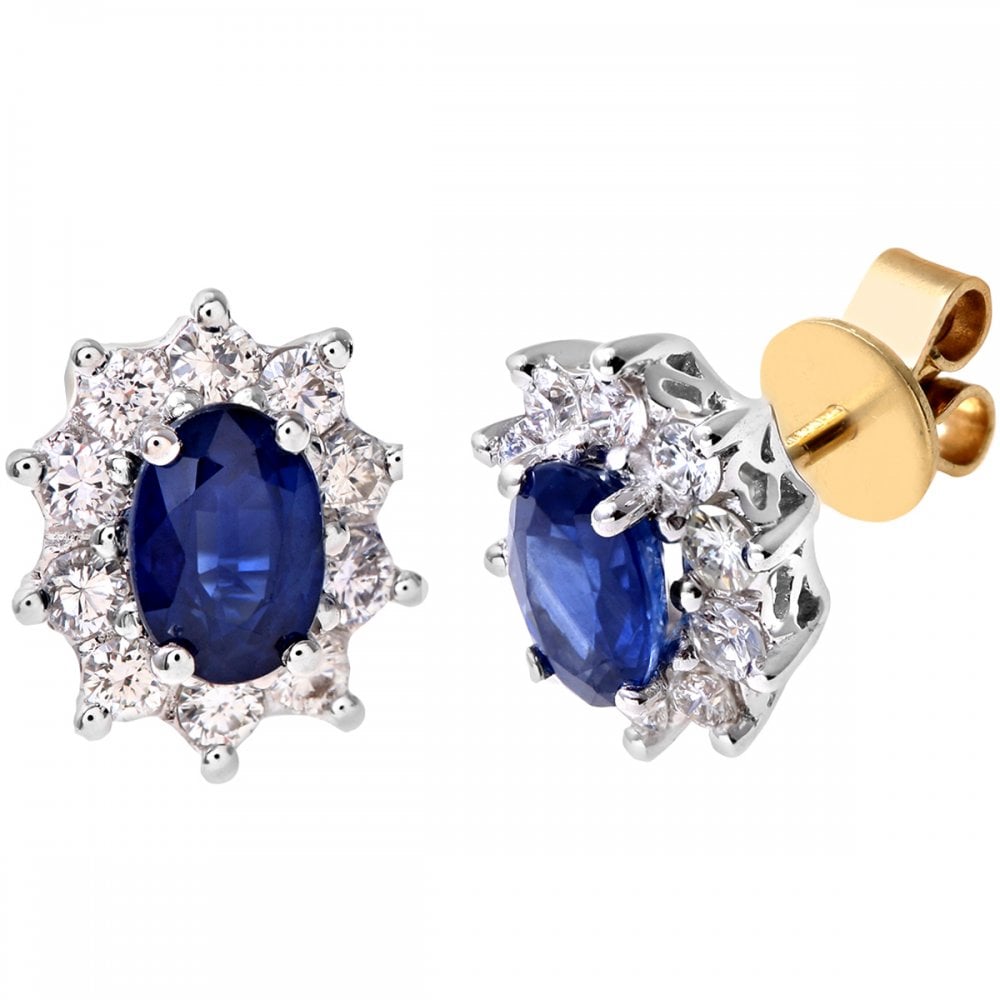SPARKLD 18ct Yellow Gold Cluster Earrings, 0.50ct Diamond and Sapphire, Round Brilliant