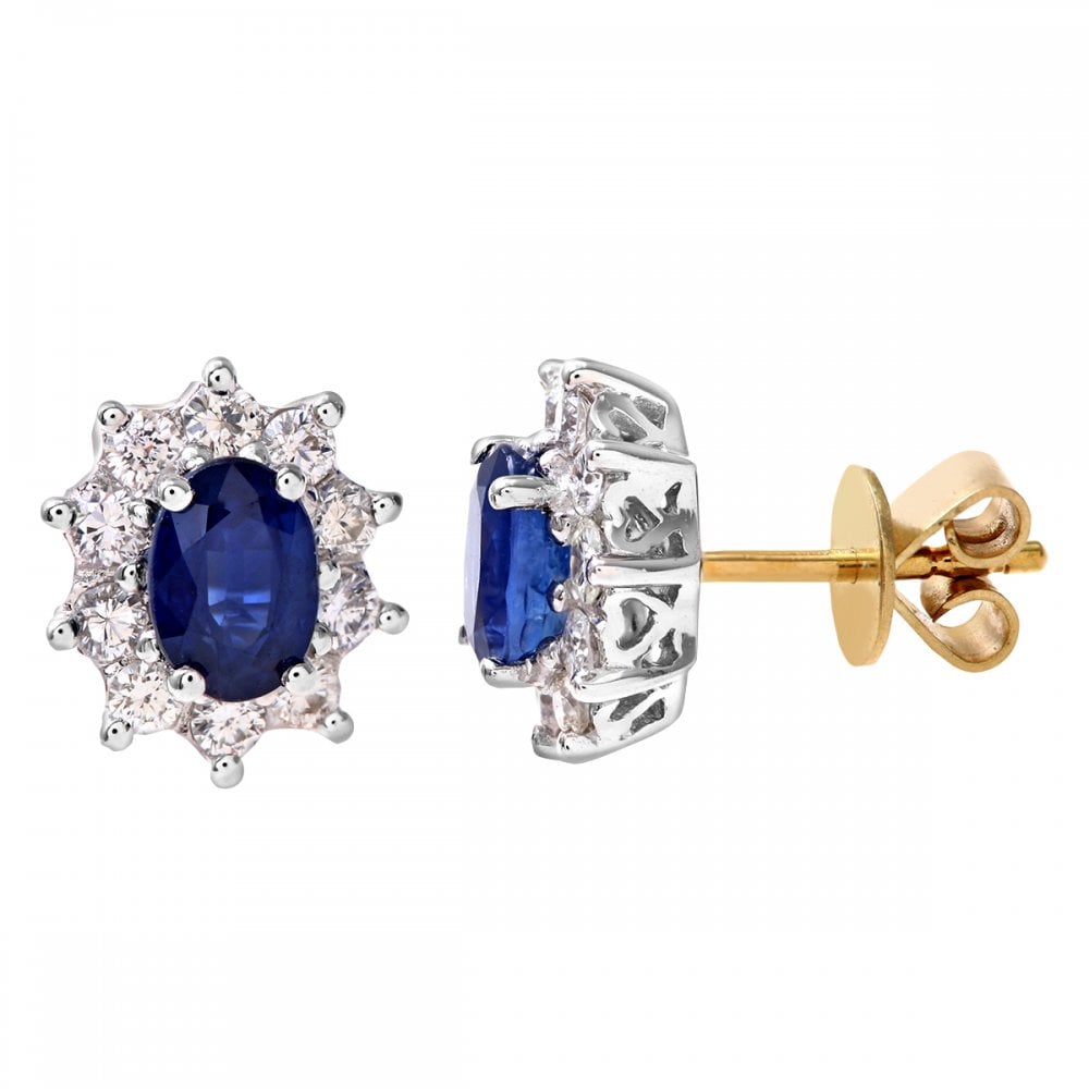 SPARKLD 18ct Yellow Gold Cluster Earrings, 0.50ct Diamond and Sapphire, Round Brilliant