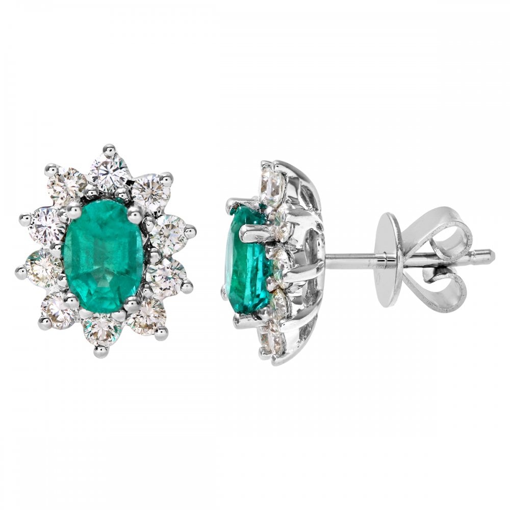 SPARKLD 18ct White Gold 0.66ct Round Brilliant Cut Diamond Oval Emerald Earrings