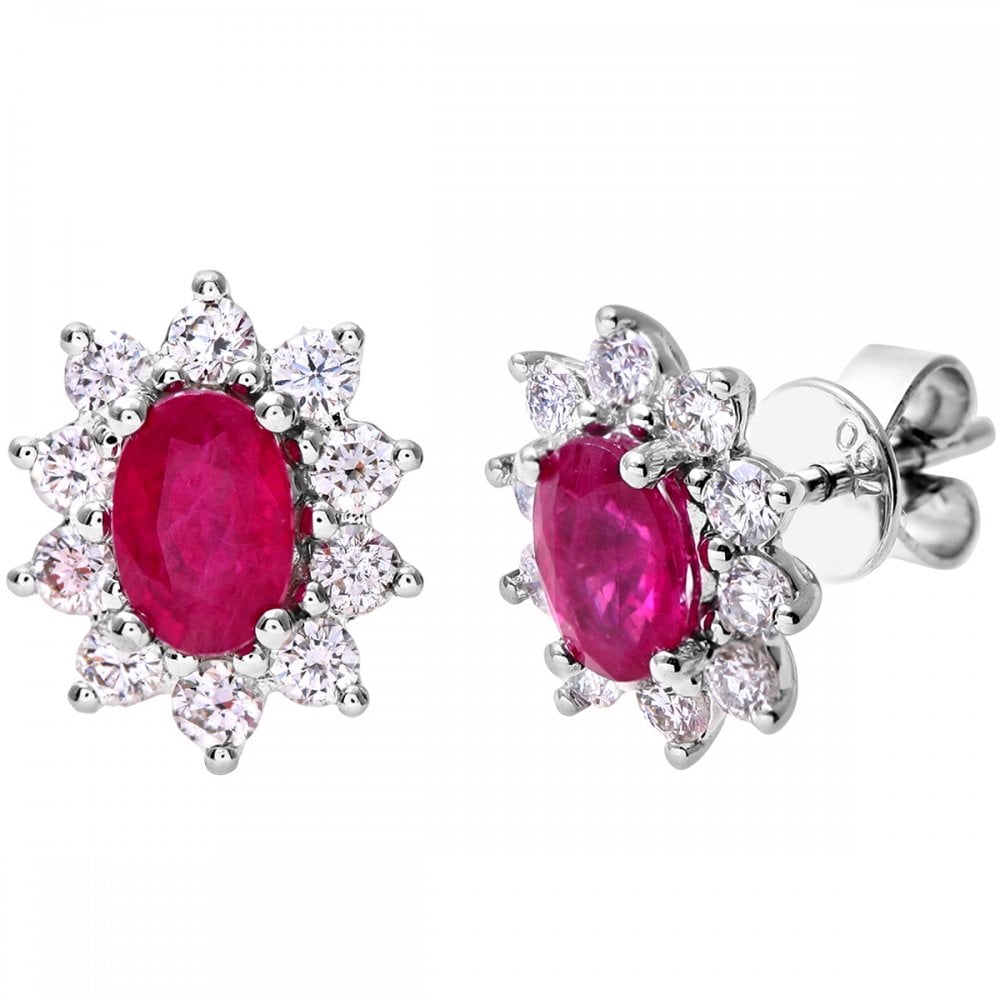 SPARKLD 18ct White Gold 0.66ct Round Brilliant Cut Diamond Oval Ruby Earrings