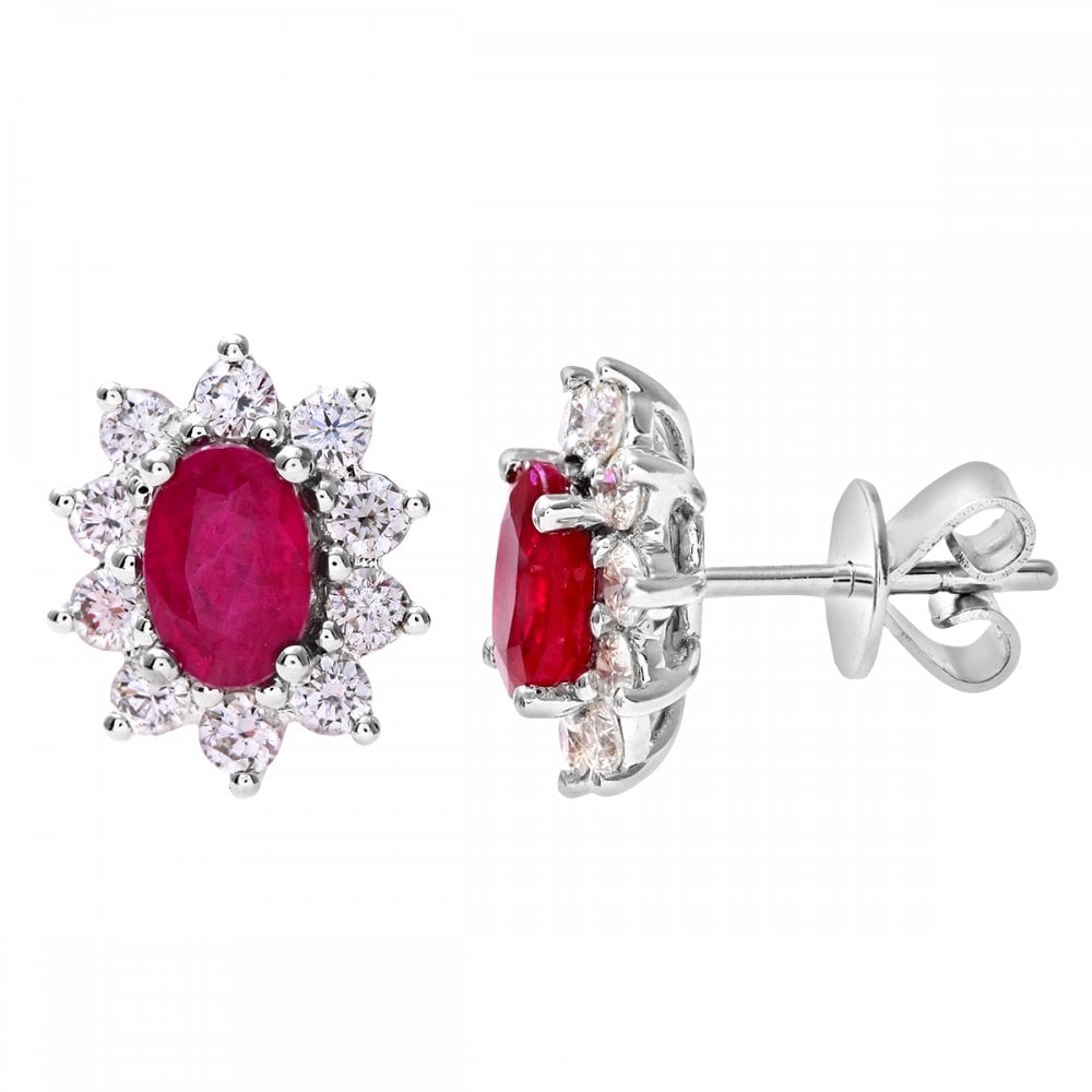 SPARKLD 18ct White Gold 0.66ct Round Brilliant Cut Diamond Oval Ruby Earrings