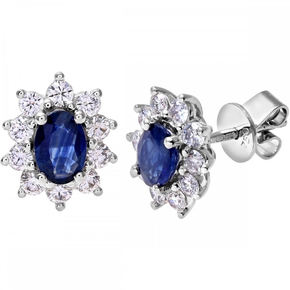 SPARKLD 18ct White Gold 0.66ct Round Brilliant Cut Diamond Oval Sapphire Earrings