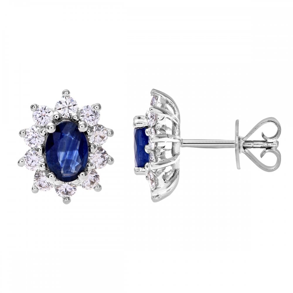 SPARKLD 18ct White Gold 0.66ct Round Brilliant Cut Diamond Oval Sapphire Earrings