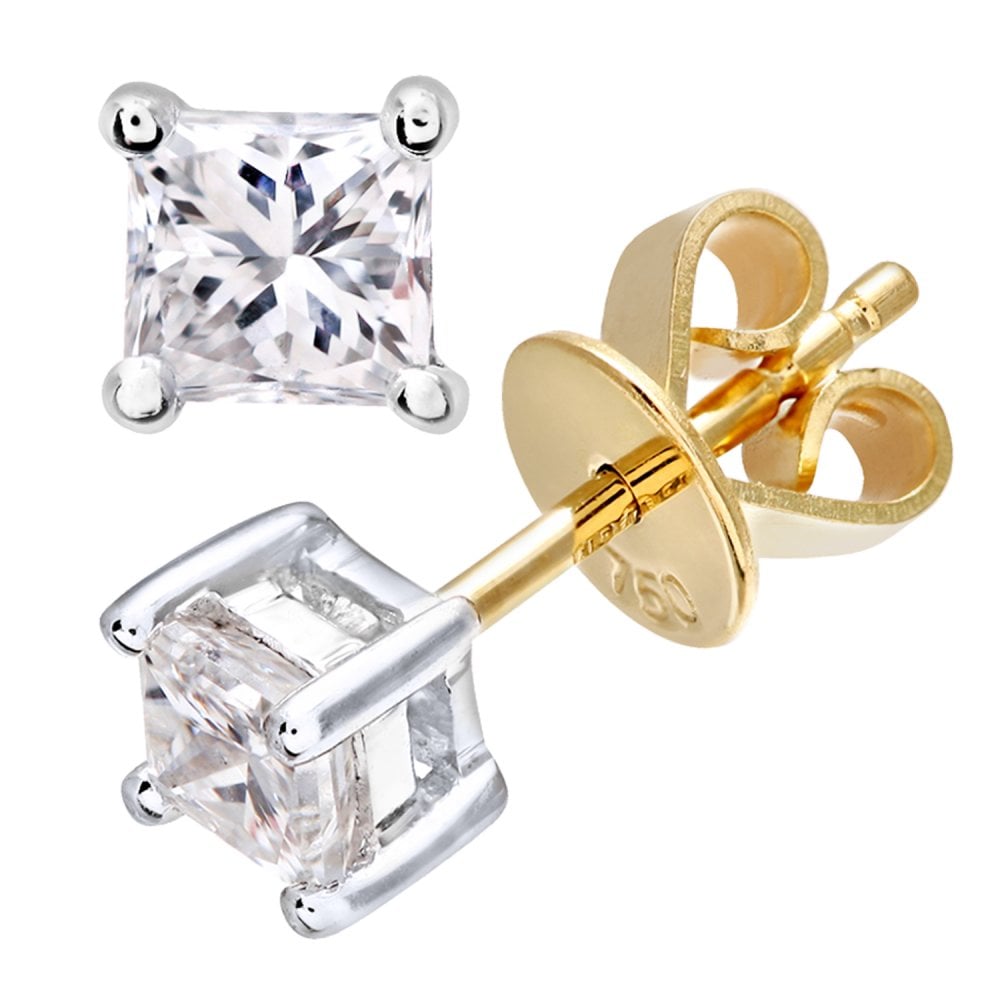 SPARKLD 18ct Yellow Gold Stud Earrings/I Certified 0.50ct Diamonds princess Cut