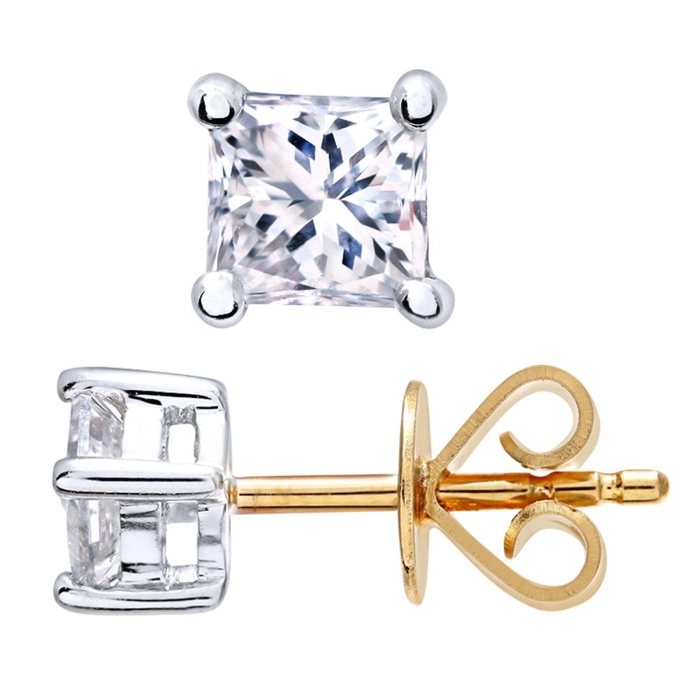 SPARKLD 18ct Yellow Gold Stud Earrings/SI Certified 0.50ct Diamonds princess Cut