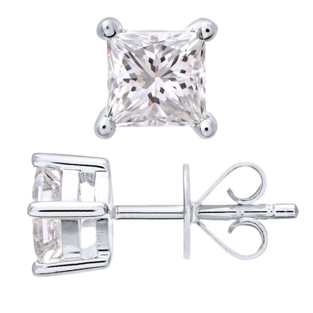 SPARKLD Platinum Stud Earrings/SI Certified 0.75ct Diamonds princess Cut
