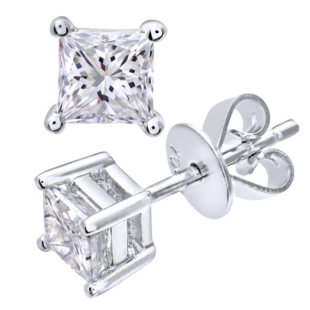 SPARKLD 18ct White Gold Stud Earrings/SI Certified 0.75ct Diamonds princess Cut