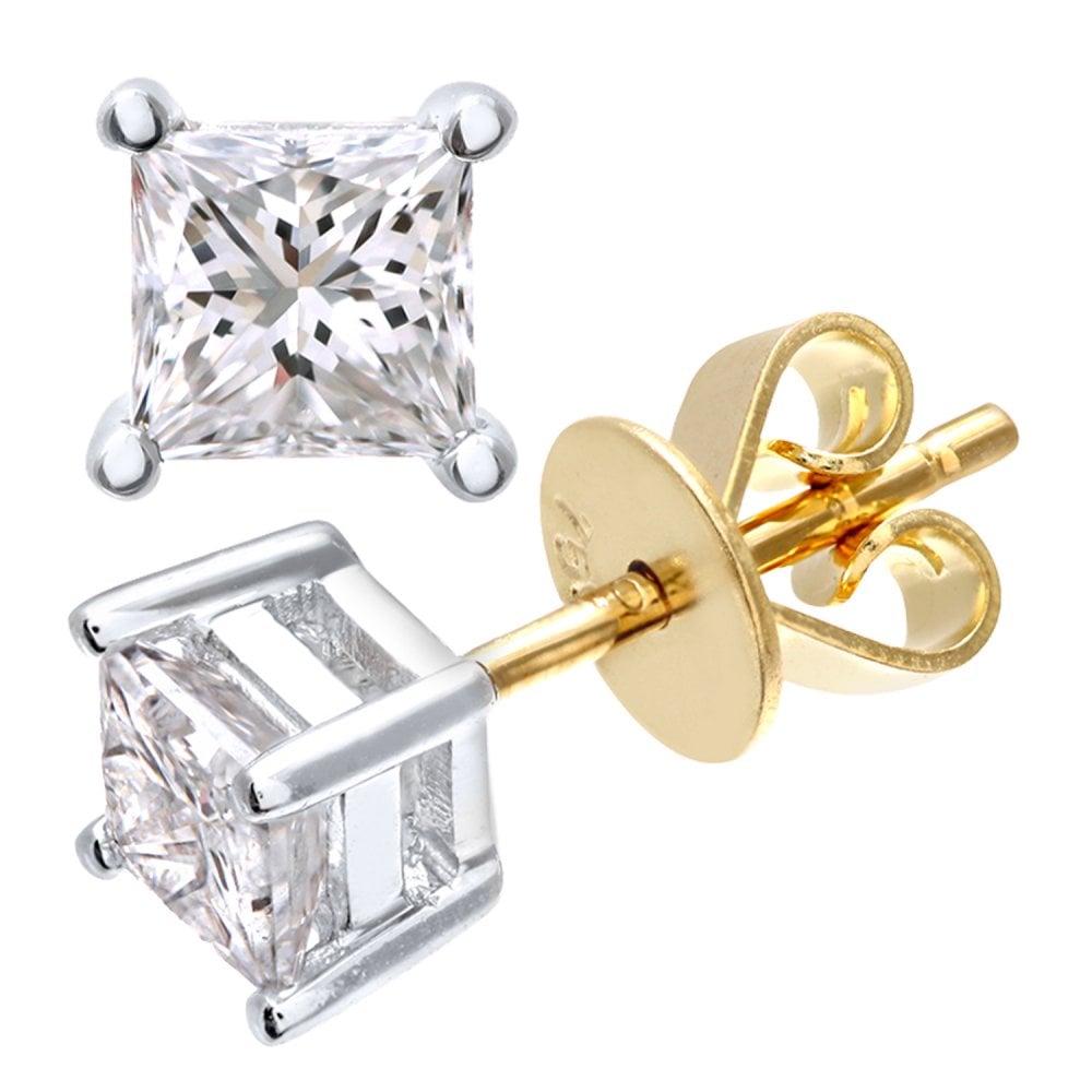 SPARKLD 18ct Yellow Gold Stud Earrings/I Certified 0.75ct Diamonds princess Cut