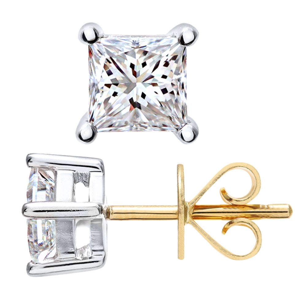 SPARKLD 18ct Yellow Gold Stud Earrings/SI Certified 0.75ct Diamonds princess Cut