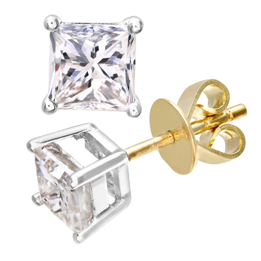 SPARKLD 18ct Yellow Gold Stud Earrings/SI Certified 1.00ct Diamonds princess Cut