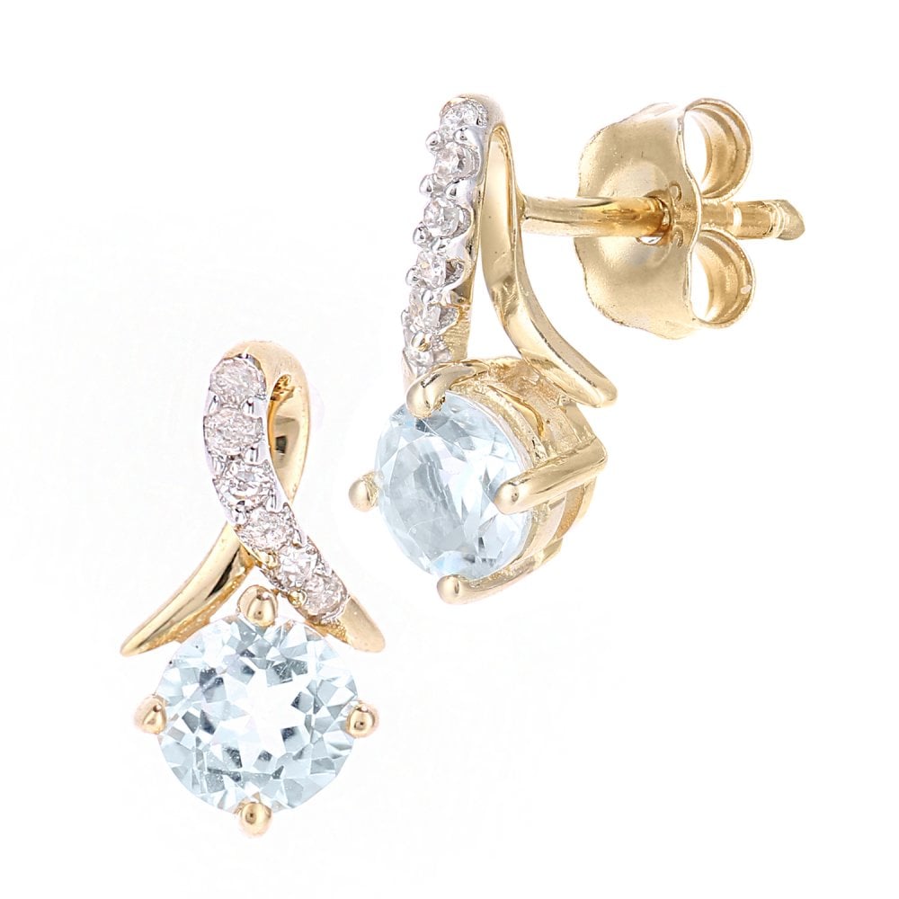 SPARKLD 9ct Yellow Gold Round Blue Topaz and 0.05ct Diamond Twist Drop Earrings of 46cm