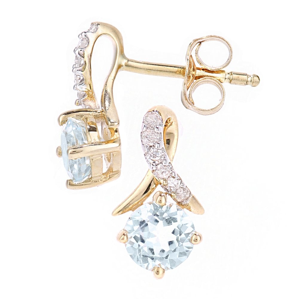 SPARKLD 9ct Yellow Gold Round Blue Topaz and 0.05ct Diamond Twist Drop Earrings of 46cm