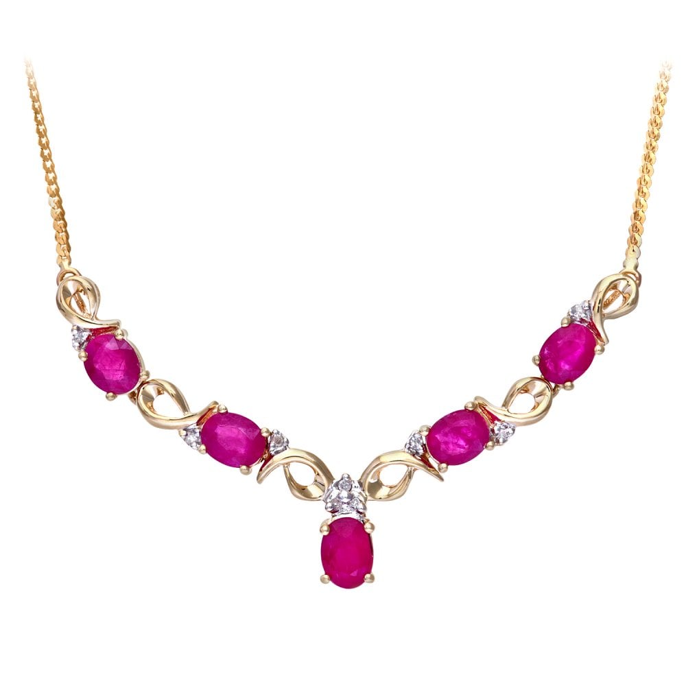 SPARKLD 9ct Yellow Gold Prong Set Herringbone Chain of 46 cm Length, 0.05ct Diamond Weight,Ruby Necklace