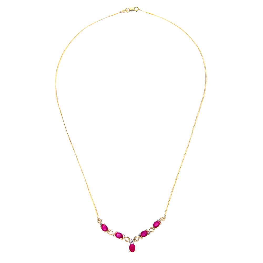 SPARKLD 9ct Yellow Gold Prong Set Herringbone Chain of 46 cm Length, 0.05ct Diamond Weight,Ruby Necklace