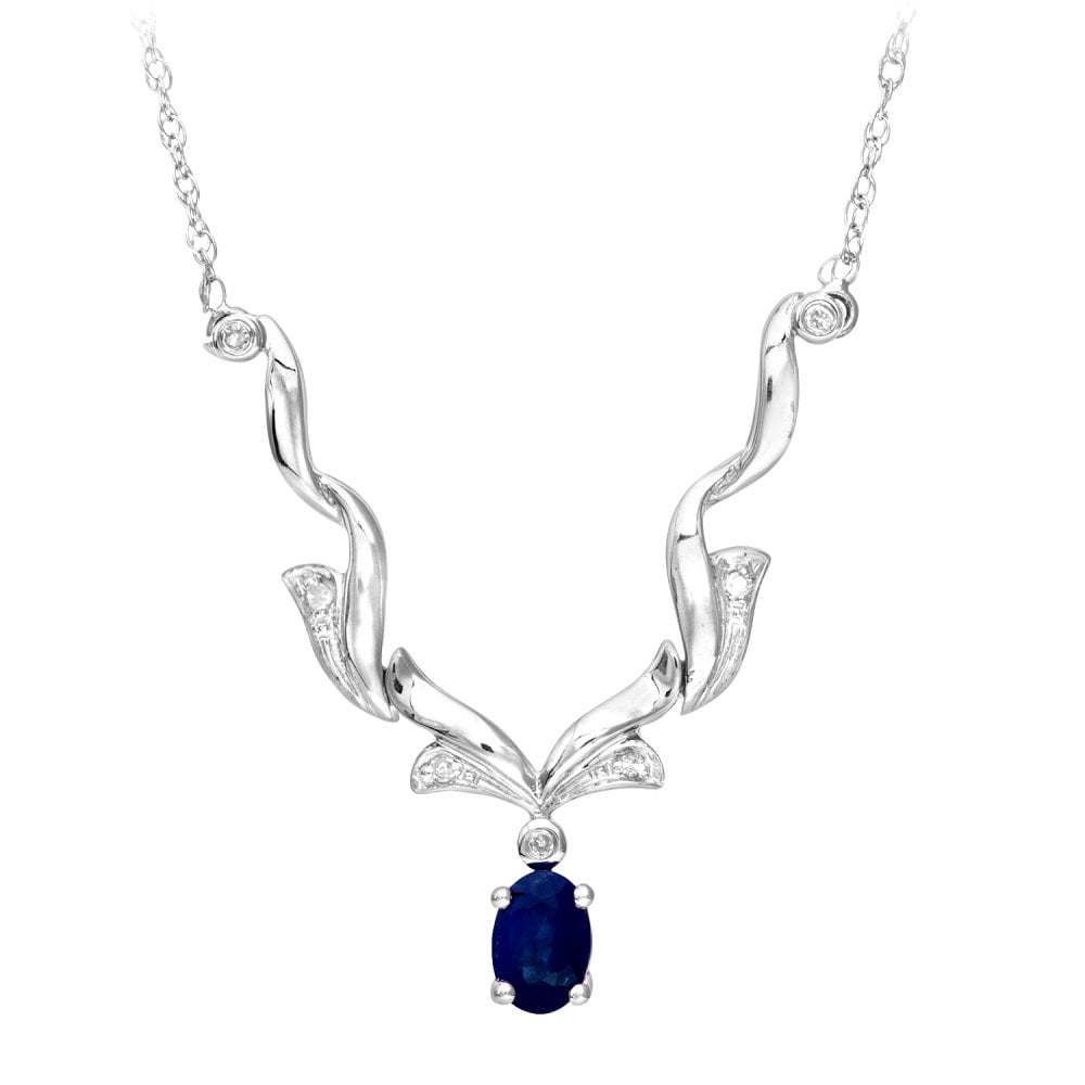 SPARKLD 9ct White Gold Sapphire and 0.04ct Diamond Prong Set Necklace with Trace Chain of 50 cm