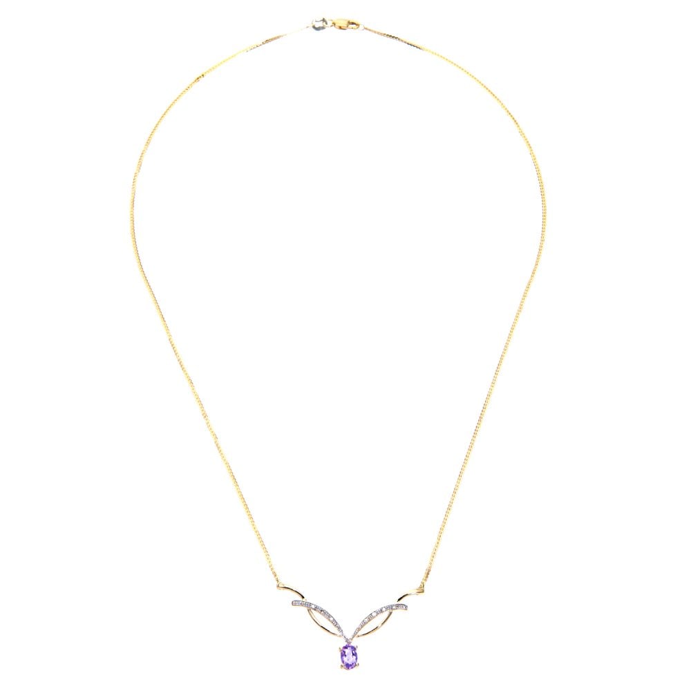 SPARKLD 9ct Yellow Gold Round 0.05ct Diamond and Amethyst Pendant Necklace of Length 46 cm