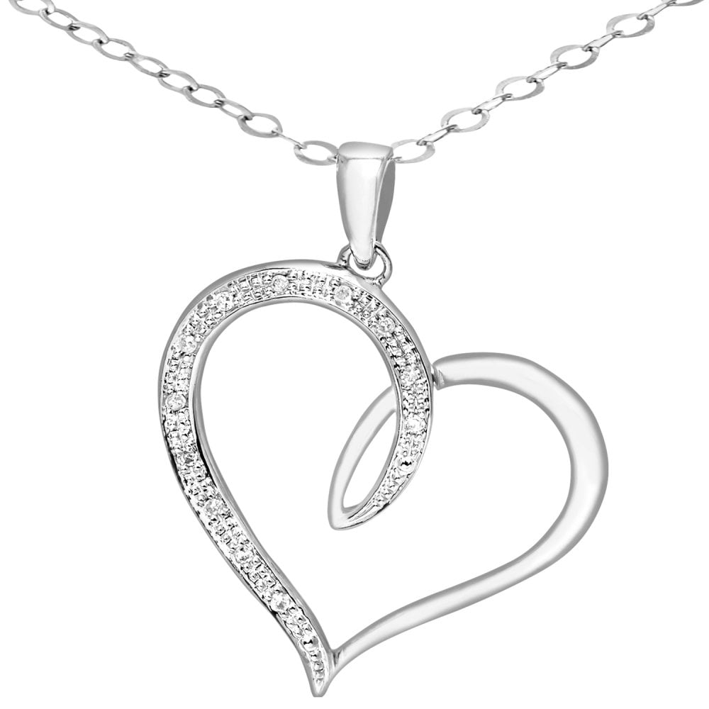 SPARKLD 9ct White Gold 0.06ct Diamond Heart Pendant with 46 cm Trace Chain Necklace