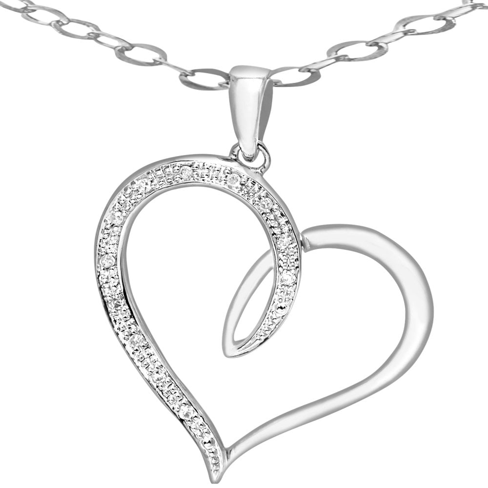 SPARKLD 9ct White Gold 0.06ct Diamond Heart Pendant with 46 cm Trace Chain Necklace