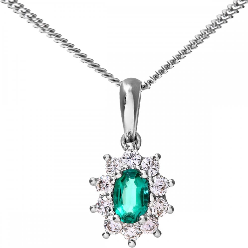 SPARKLD 18ct White Gold Cluster Pendant + Chain,  0.35ct Diamond and Emerald, Round Brillliant