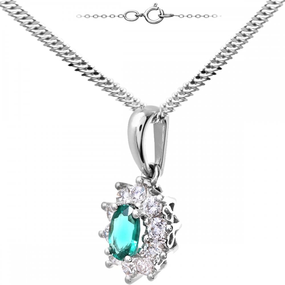 SPARKLD 18ct White Gold Cluster Pendant + Chain,  0.35ct Diamond and Emerald, Round Brillliant