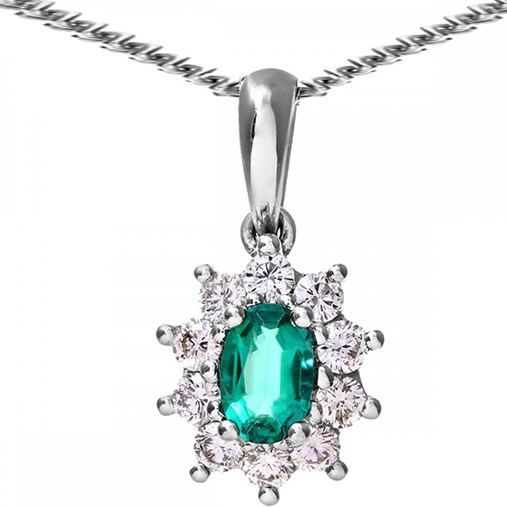SPARKLD 18ct White Gold Cluster Pendant + Chain,  0.35ct Diamond and Emerald, Round Brillliant