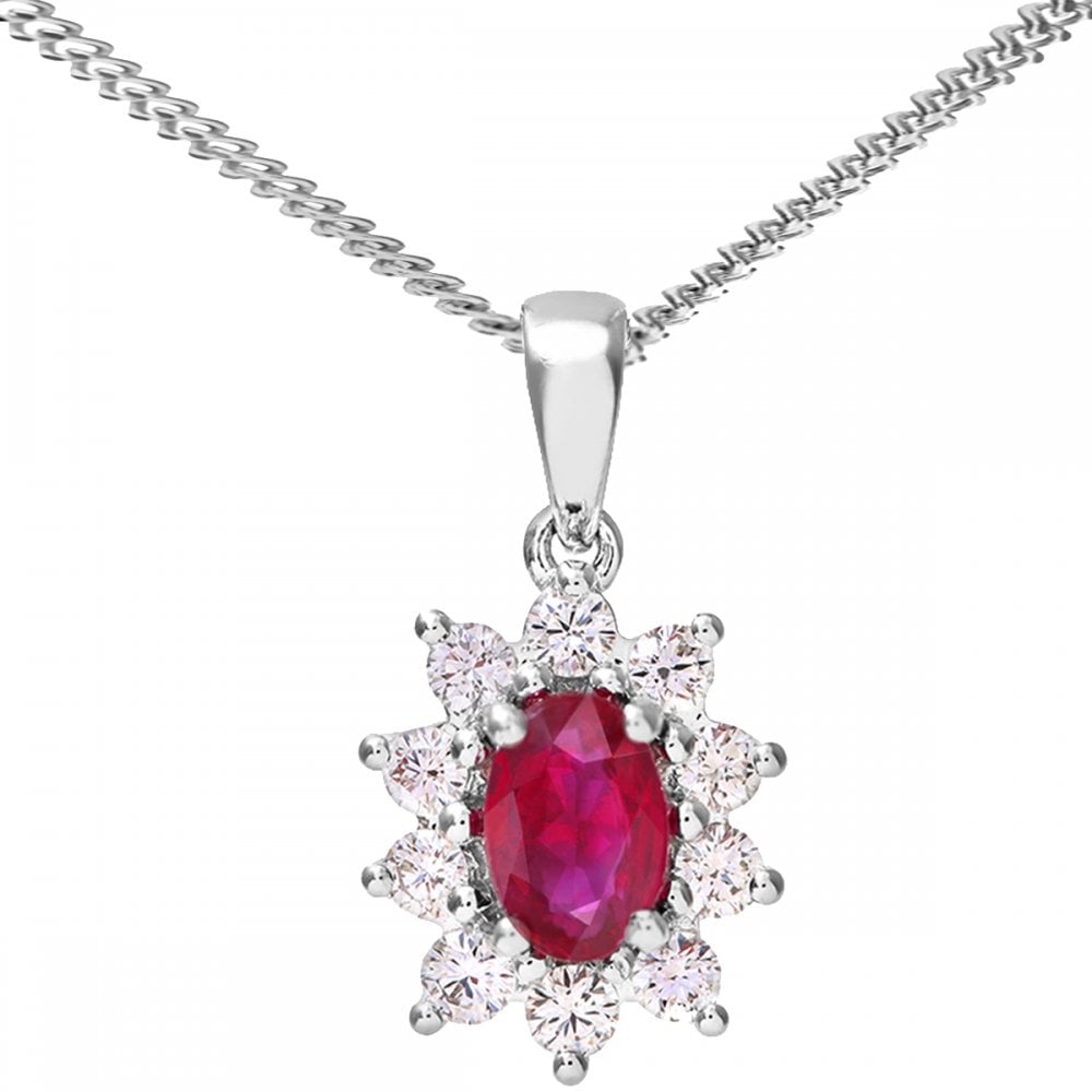 SPARKLD 18ct White Gold Cluster Pendant + Chain,  0.35ct Diamond and Ruby, Round Brillliant