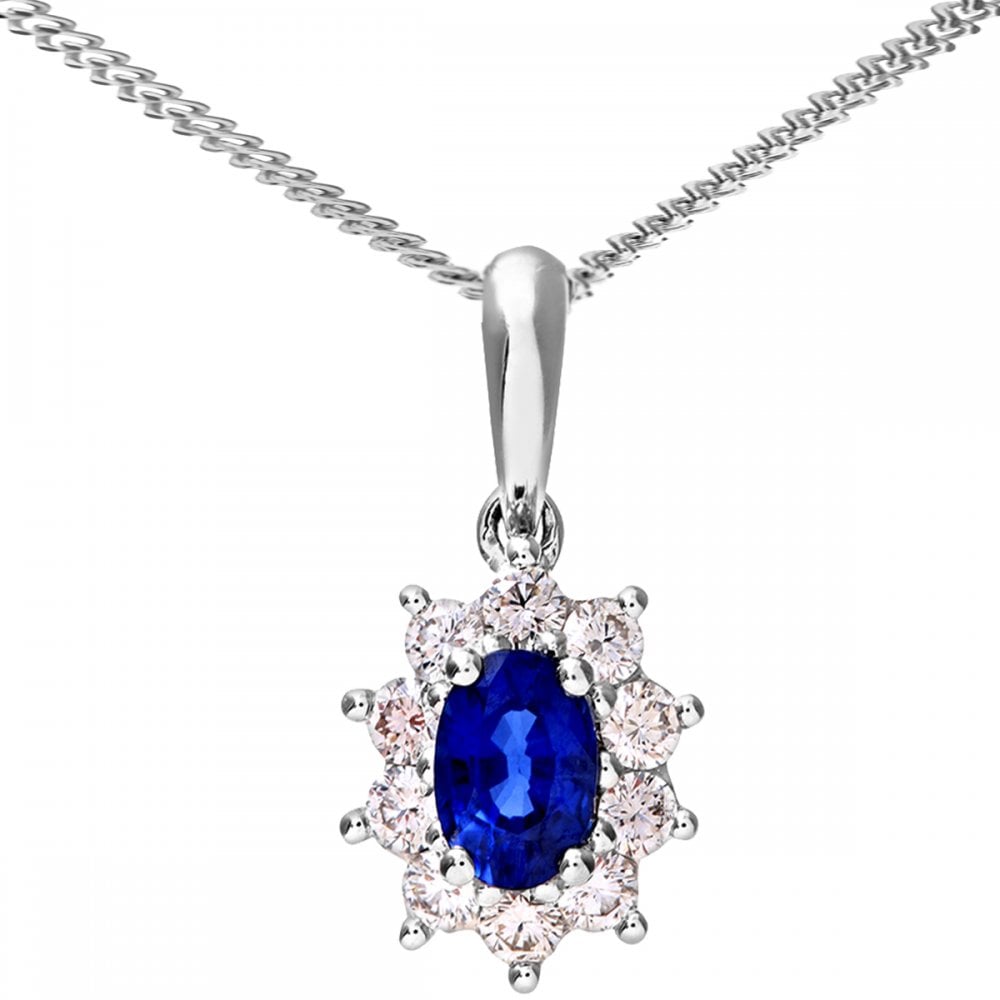 SPARKLD 18ct White Gold Cluster Pendant + Chain,  0.35ct Diamond and Sapphire, Round Brillliant