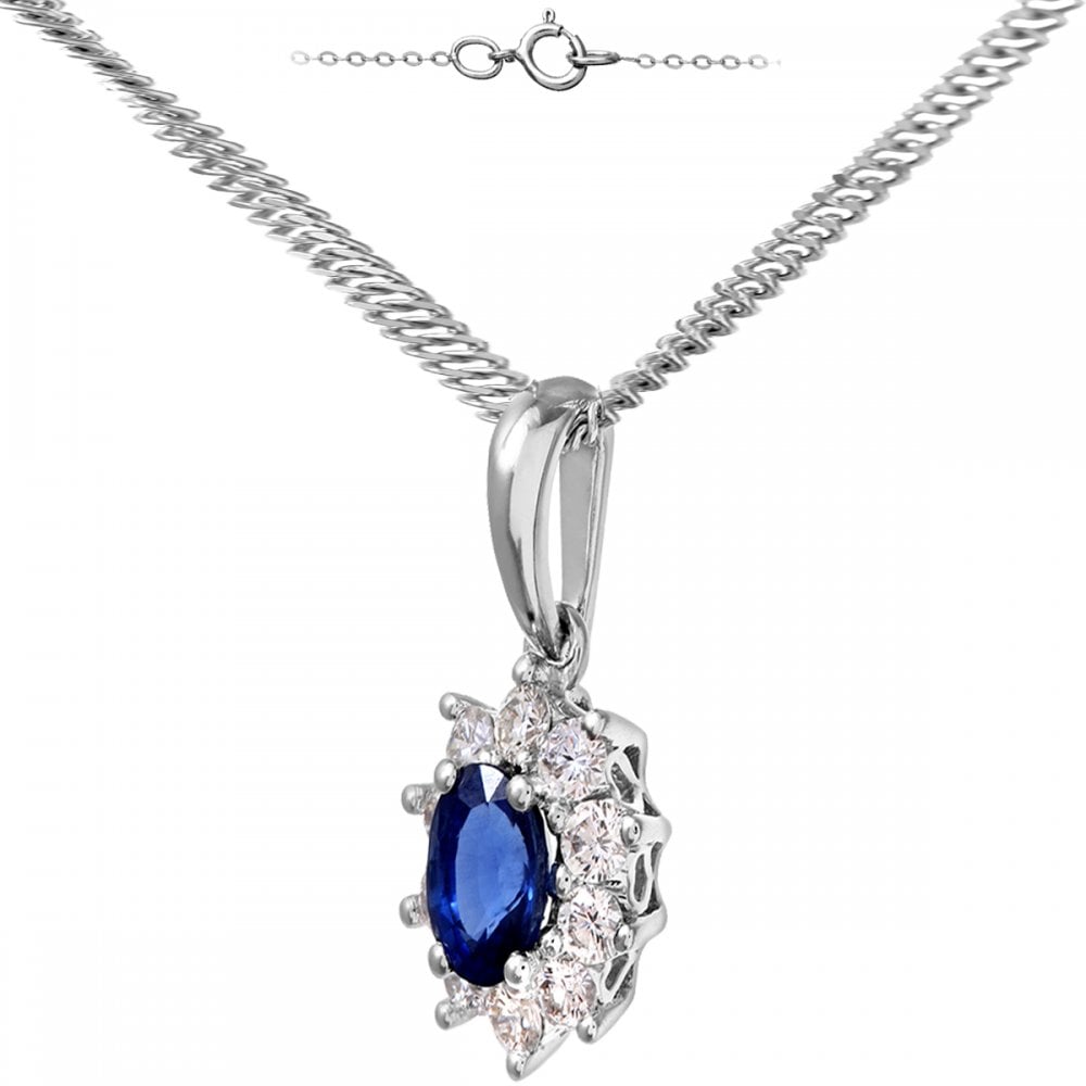 SPARKLD 18ct White Gold Cluster Pendant + Chain,  0.35ct Diamond and Sapphire, Round Brillliant