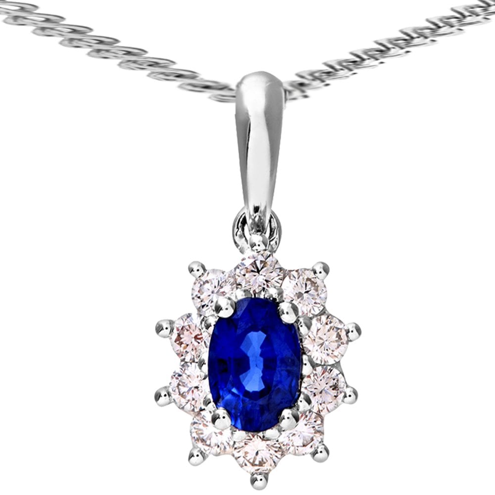 SPARKLD 18ct White Gold Cluster Pendant + Chain,  0.35ct Diamond and Sapphire, Round Brillliant
