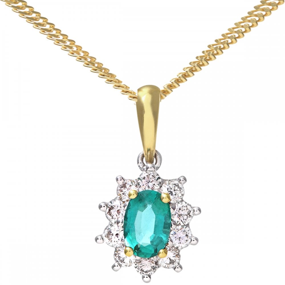 SPARKLD 18ct Yellow Gold Cluster Pendant + Chain, 0.35ct Diamond and Emerald, Round Brillliant