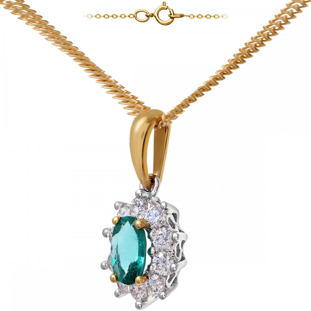 SPARKLD 18ct Yellow Gold Cluster Pendant + Chain, 0.35ct Diamond and Emerald, Round Brillliant