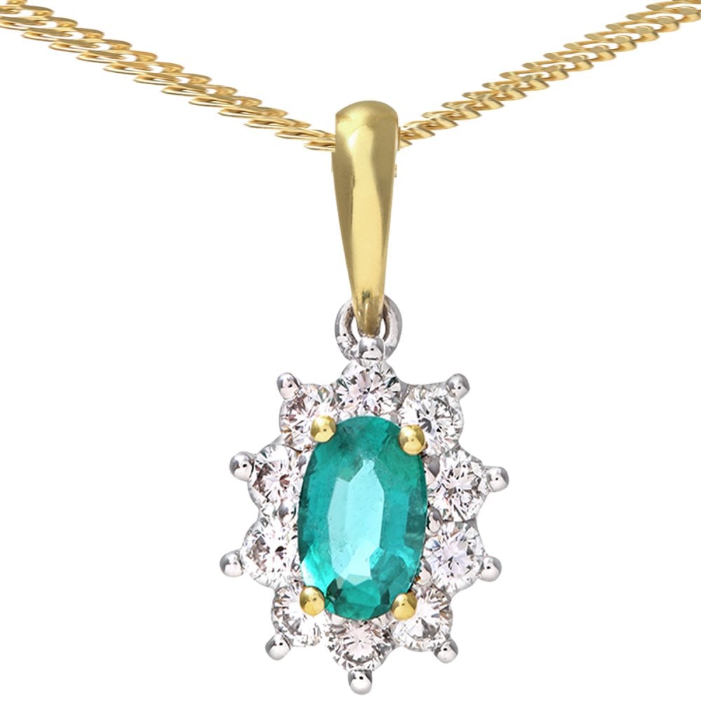 SPARKLD 18ct Yellow Gold Cluster Pendant + Chain, 0.35ct Diamond and Emerald, Round Brillliant