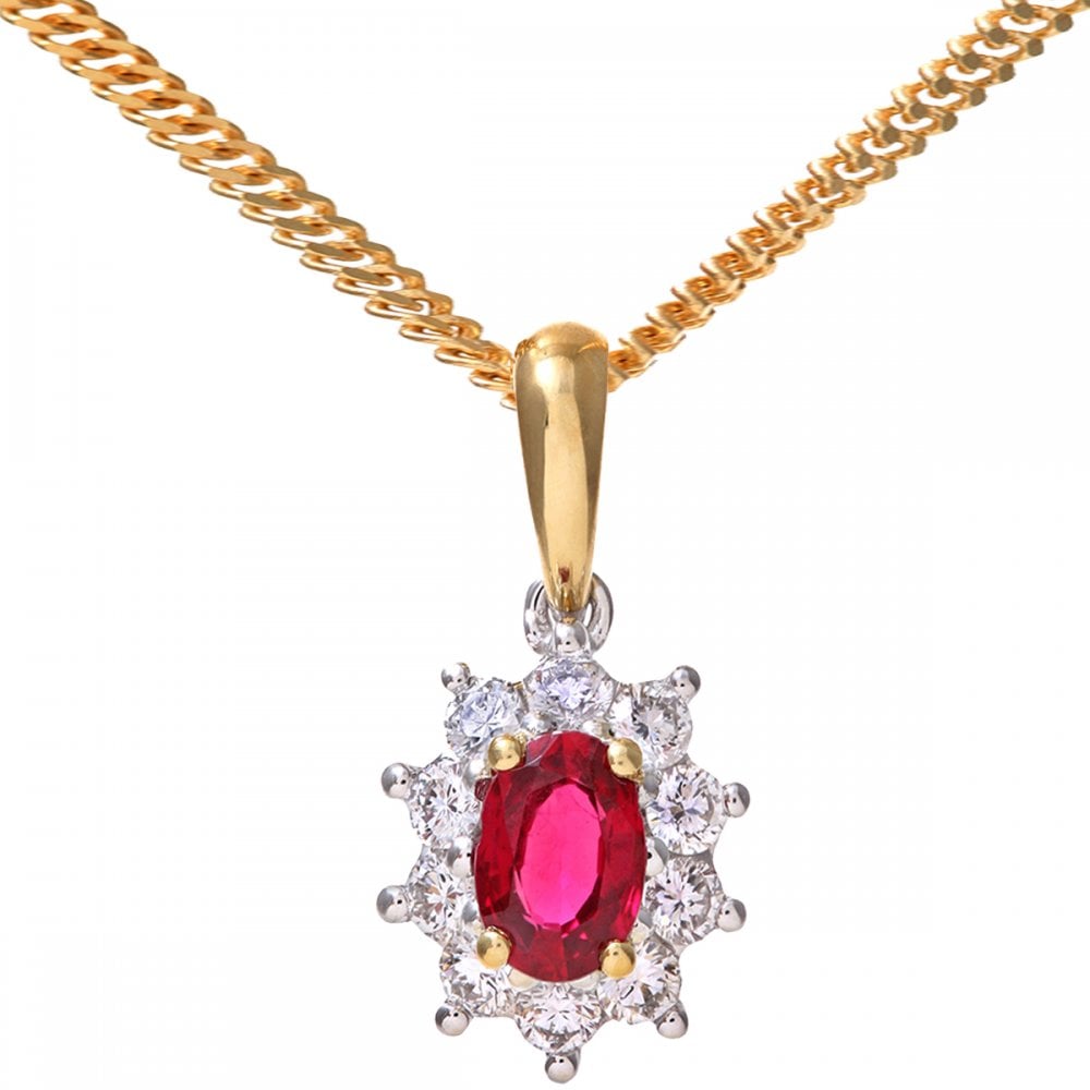 SPARKLD 18ct Yellow Gold Cluster Pendant + Chain, 0.35ct Diamond and Ruby, Round Brillliant