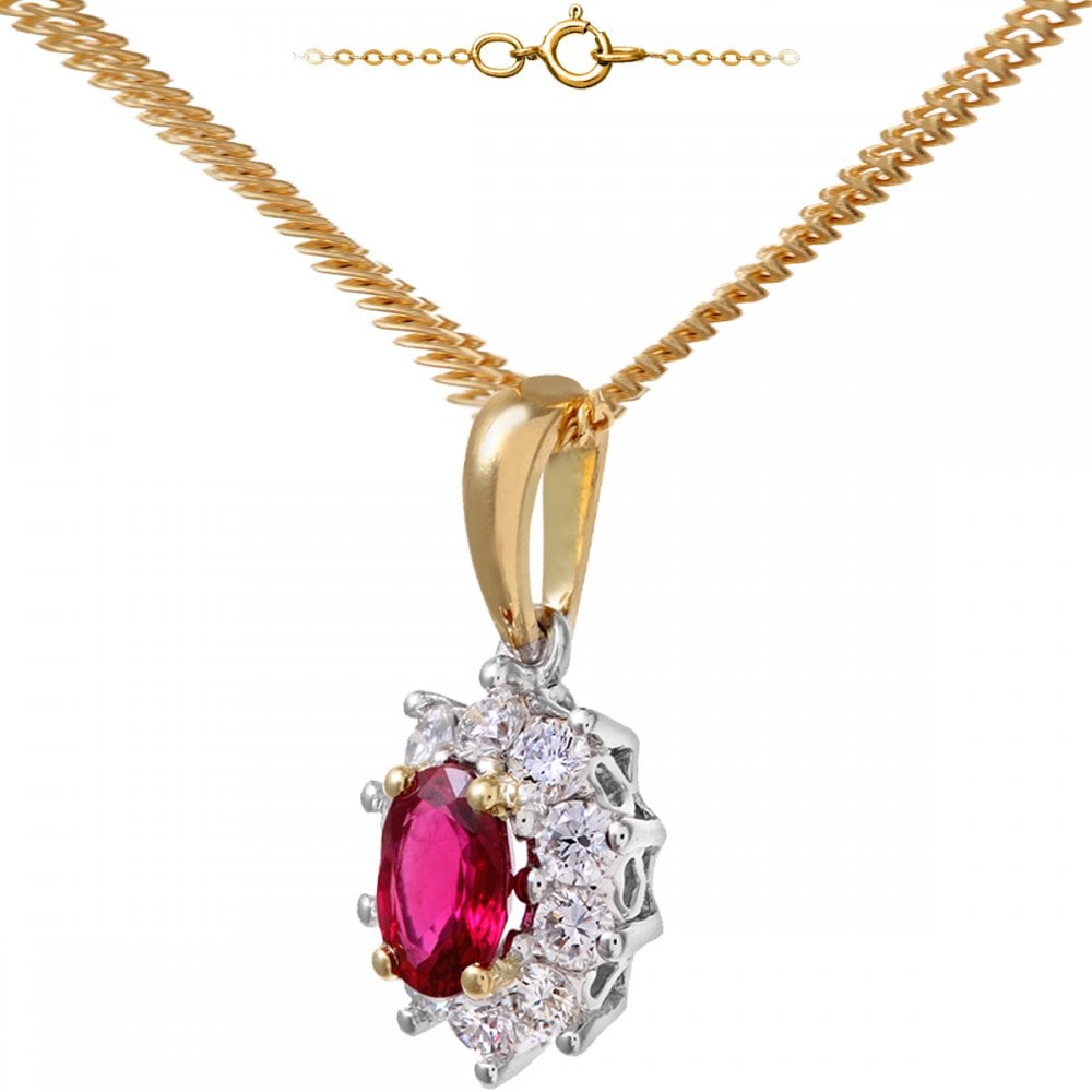 SPARKLD 18ct Yellow Gold Cluster Pendant + Chain, 0.35ct Diamond and Ruby, Round Brillliant