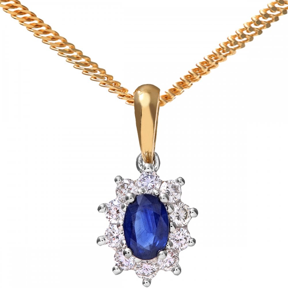 SPARKLD 18ct Yellow Gold Cluster Pendant + Chain, 0.35ct Diamond and Sapphire, Round Brillliant