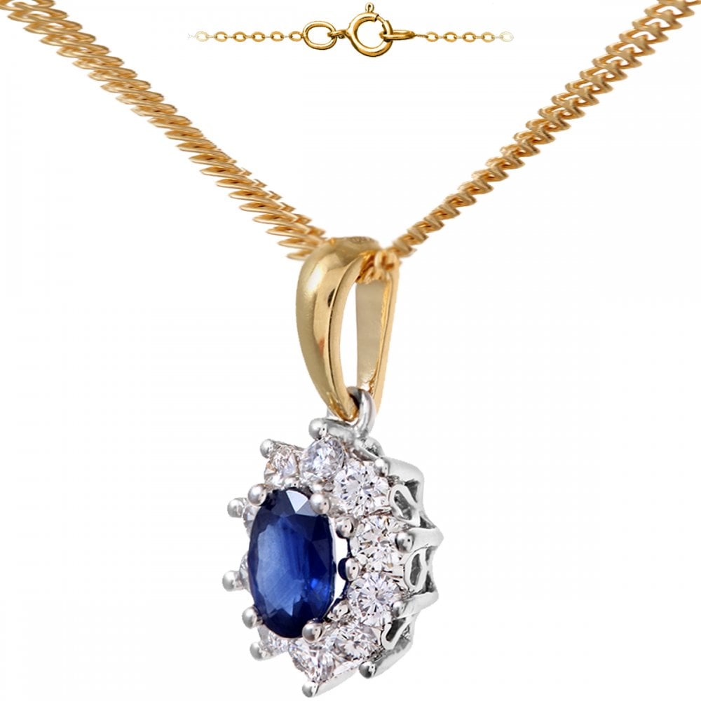 SPARKLD 18ct Yellow Gold Cluster Pendant + Chain, 0.35ct Diamond and Sapphire, Round Brillliant