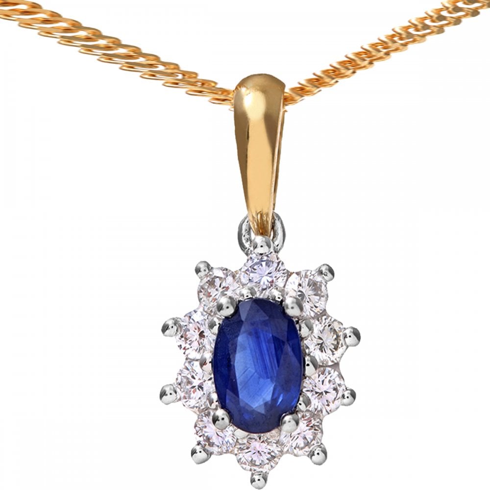 SPARKLD 18ct Yellow Gold Cluster Pendant + Chain, 0.35ct Diamond and Sapphire, Round Brillliant