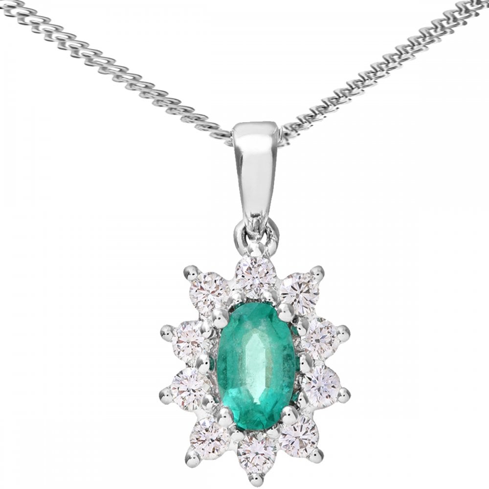 SPARKLD 18ct White Gold Cluster Pendant + Chain, 0.33ct Diamond and Emerald, Round Brilliant